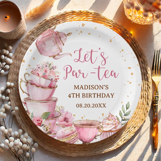 Girl Pink & Gold Floral Tea Party Birthday Paper Plate (Creator Uploaded)