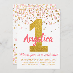 Girl Pink Gold Glitter Confetti First Birthday Invitation