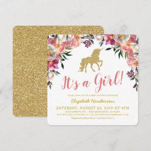 Girl Pink Gold Glitter Unicorn Baby Shower Invitation