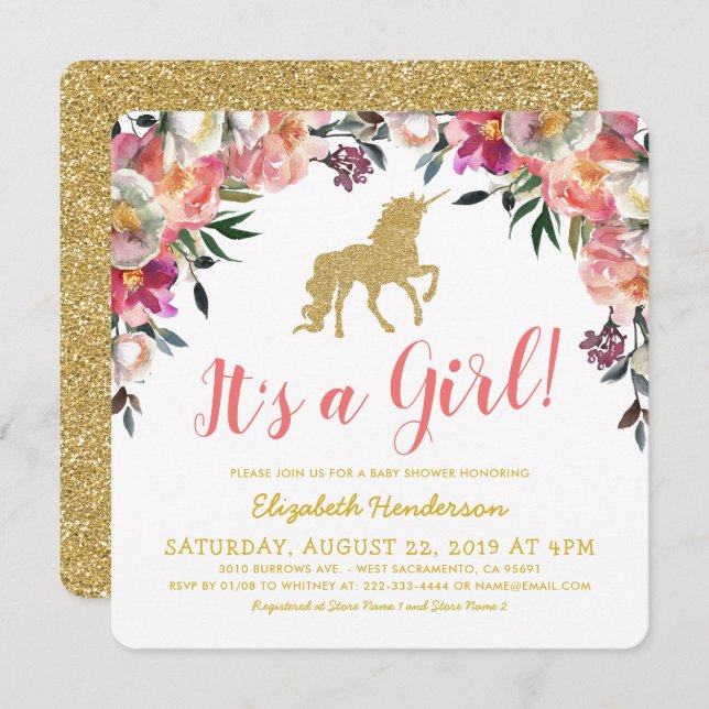 Girl Pink Gold Glitter Unicorn Baby Shower Invitation (Front/Back)