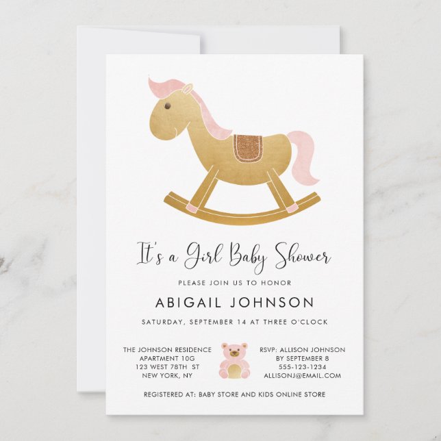 Girl Pink Gold Retro Rocking Horse Baby Shower Invitation (Front)