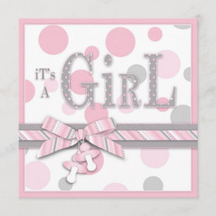 GIRL Pink Grey Dots Baby Shower Invitation