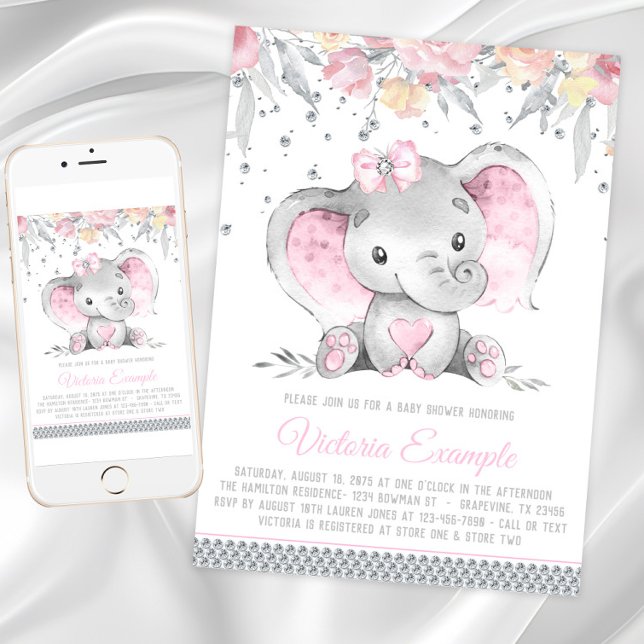 Girl Pink Grey Elephant Diamond Baby Shower Invitation (Girl elephant baby shower invitation with cute baby elephant on a floral and diamond background.)