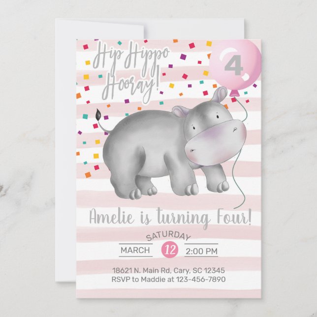 Girl pink hippo birthday invitation, invite. invit invitation (Front)