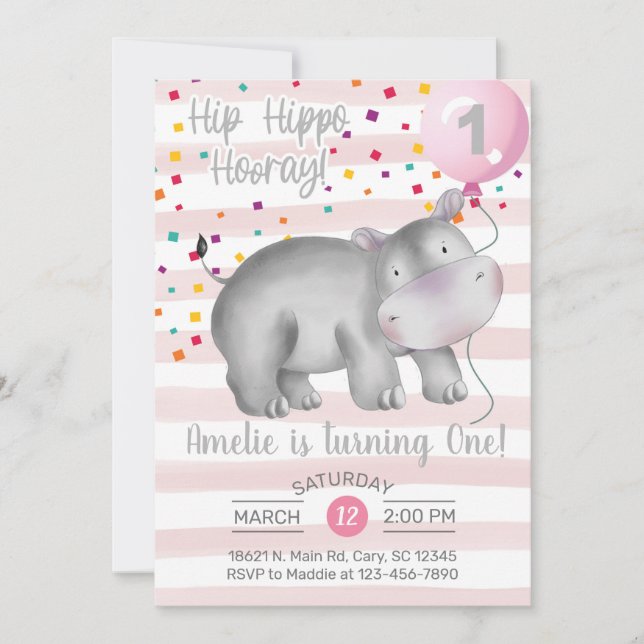 Girl pink hippo birthday invitation, invite. invitation (Front)