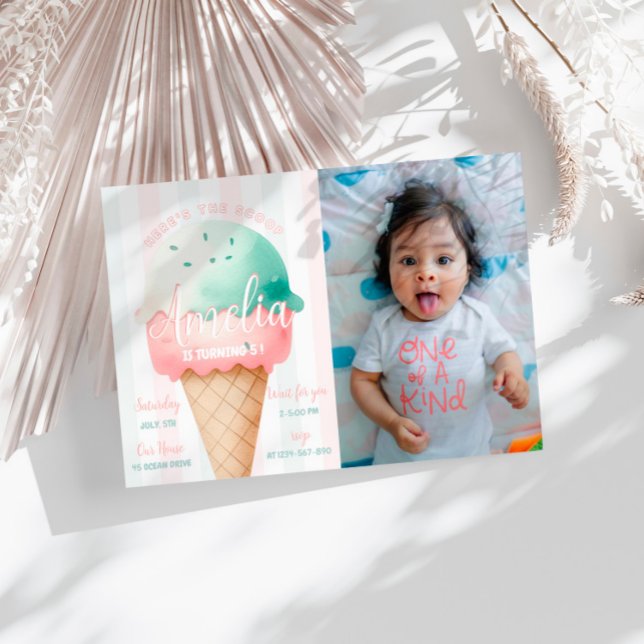 Girl Pink Ice Cream Birthday Photo Invitation (Creator Uploaded)