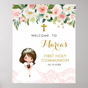 Girl Pink Lace Floral First Communion Welcome Sign