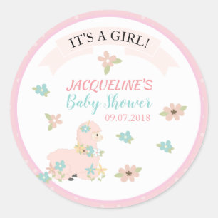 Girl Pink Llama Floral Baby Shower Classic Round Sticker