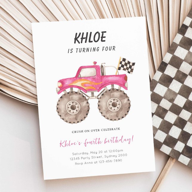 Girl Pink Monster Truck Bash Any Age Birthday Invitation (Creator Uploaded)