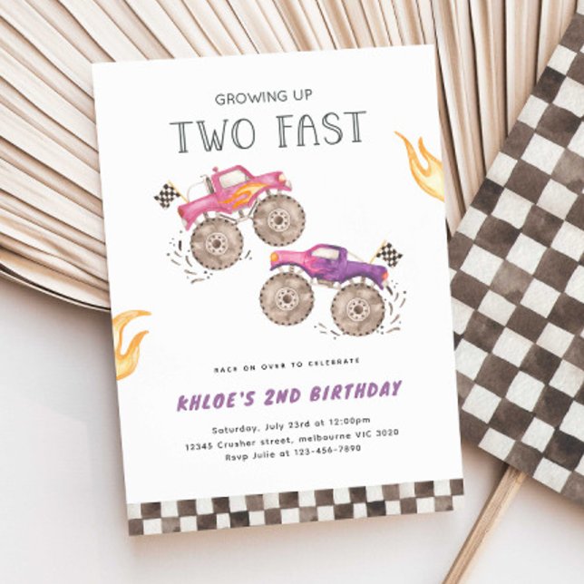 Girl Pink Monster Truck Two Fast Birthday Invitation (Creator Uploaded)