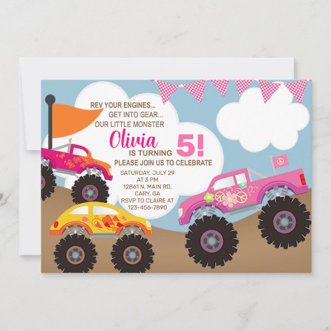 Girl pink monster trucks birthday invitation. invitation (Front)