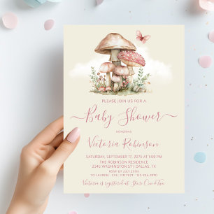 Girl Pink Mushroom Butterfly Baby Shower  Invitation