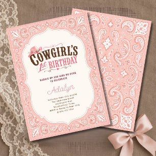 Girl Pink Paisley Bandanna Cowgirl 1st Birthday Invitation