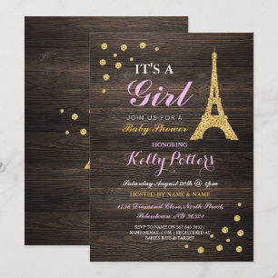 Girl Pink Paris Gold Baby Shower Wood Invite
