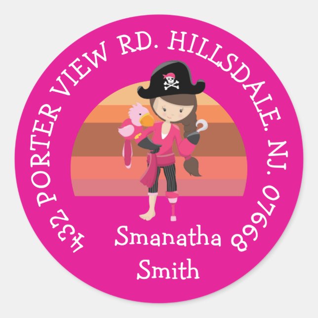 Girl Pink Parrot Pirate Party  ADDRESS  Classic Ro Round Sticker (Front)