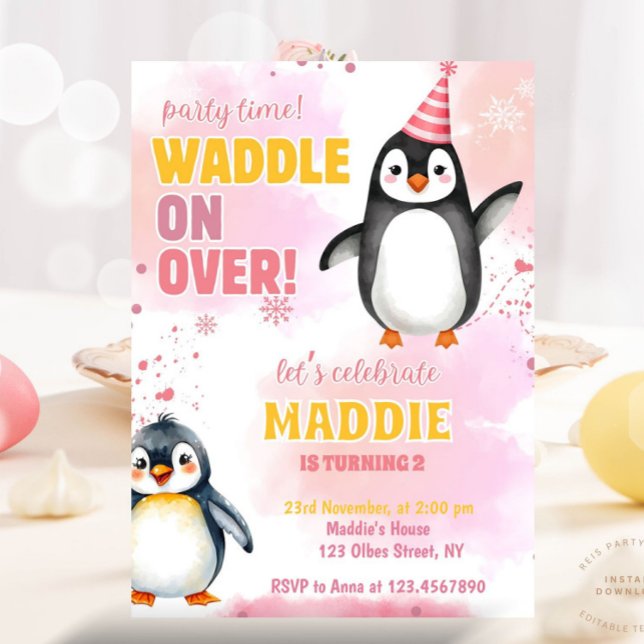 Girl Pink Penguin Winter Birthday Party Invitation (december birthday, winter birthday, kids birthday party, winter themed, girl birthday, penguin, cute)