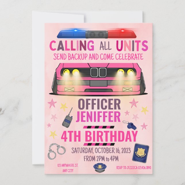 Girl Pink Police Officer Police Birthday Invitation (Front)