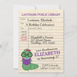 Girl Pink/Purple Bookworm Birthday Party Invitation