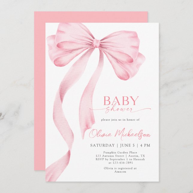 Girl Pink Ribbon Bow Coquette Elegant Baby Shower Invitation (Front/Back)