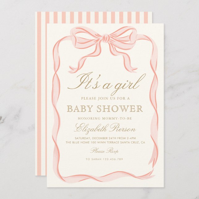 Girl Pink Ribbon elegant Minimalist Baby Shower Invitation (Creator Uploaded)