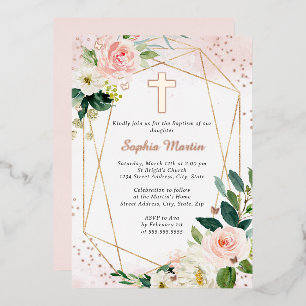Girl Pink Rose Gold Cross Floral Baptism 