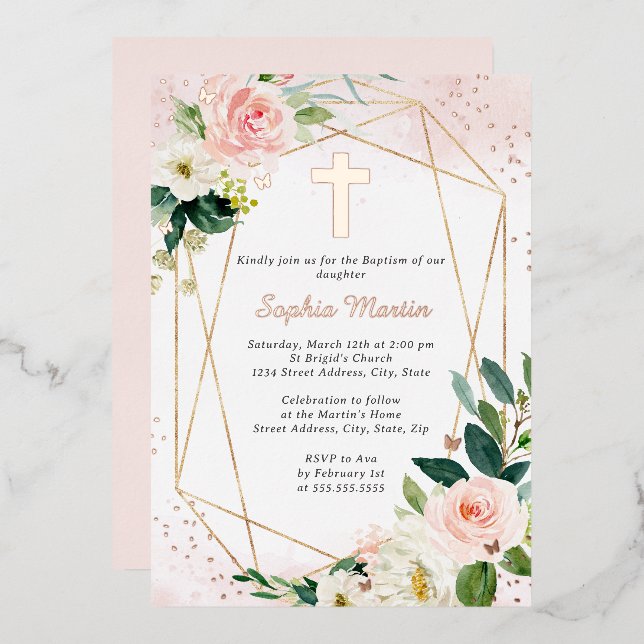 Girl Pink Rose Gold Cross Floral Baptism  (Front/Back)