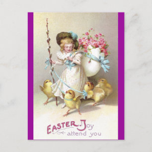 Girl, Pink Roses and Chicks on Leashes Postcard