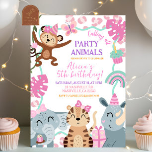 Girl Pink Safari Party Animals Birthday invitation