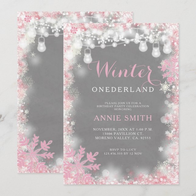 Girl Pink Snowflakes Winter Onederland birthday Invitation (Front/Back)