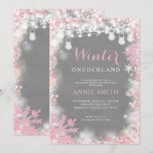 Girl Pink Snowflakes Winter Onederland birthday Invitation