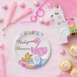Girl Pink Stork Baby Shower Paper Plate