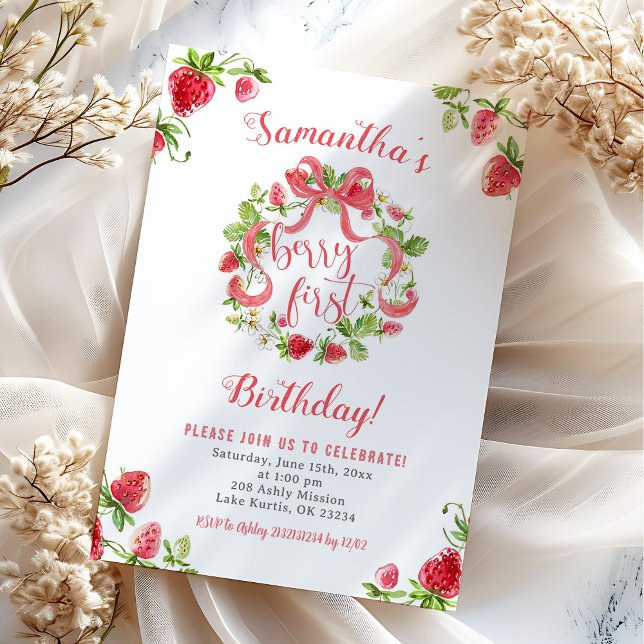 Girl Pink Strawberry Berry First Birthday Invitation (Creator Uploaded)