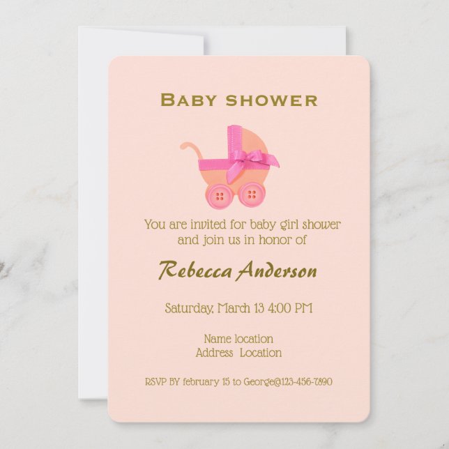 Girl Pink Stroller, Gold Typography on Peach Pink Invitation (Front)