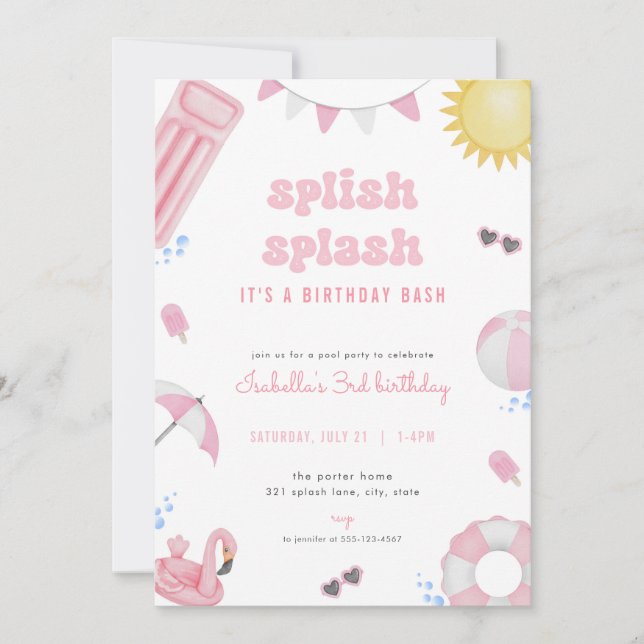 Girl Pink Summer Pool Party Birthday Invitation (Front)