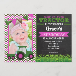 Girl Pink Tractor Birthday Party Invitation