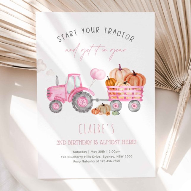 Girl Pink Tractor & Pumpkins Birthday Party Invitation (Creator Uploaded)