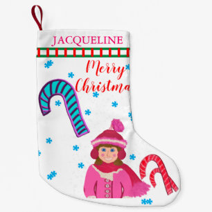 Girl Pink White Hat Candy Canes Christmas Tree Small Christmas Stocking