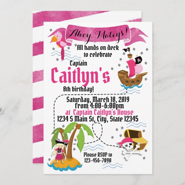 Girl Pirate Birthday Invitation (Front/Back)