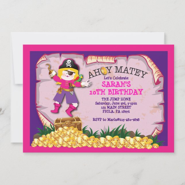 Girl Pirate Treasure Chest Birthday Invitation (Front)