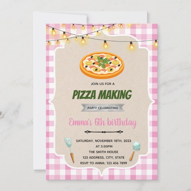 Girl pizza making party invitation (Front)