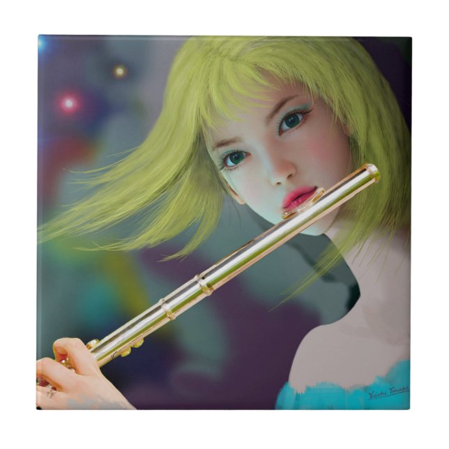 Girl Playing Flute 2 Ceramic Tile (Front)