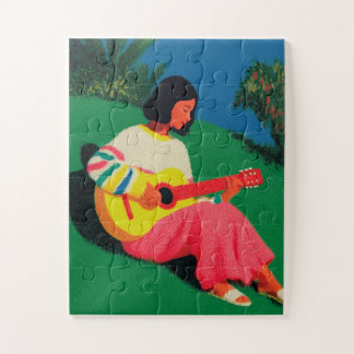 Girl Playing Guitar on Grassy illustration Jigsaw Puzzle