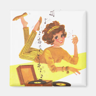 Girl Playing Records Magnet