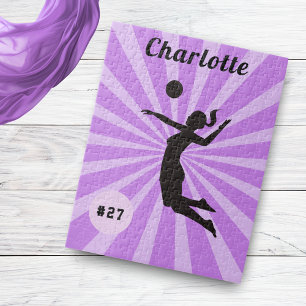 Girl Playing Volleyball Cute Pink Name & Number    Jigsaw Puzzle