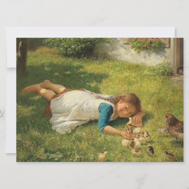 Girl Playing with Chicks (Hen and Chicken) Card (Front)