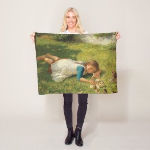 Girl Playing with Chicks (Hen and Chicken) Fleece Blanket