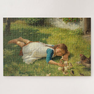 Girl Playing with Chicks (Hen and Chicken) Jigsaw Puzzle