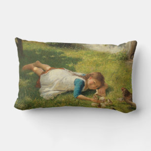 Girl Playing with Chicks (Hen and Chicken) Lumbar Cushion