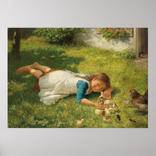 Girl Playing with Chicks (Hen and Chicken) Poster