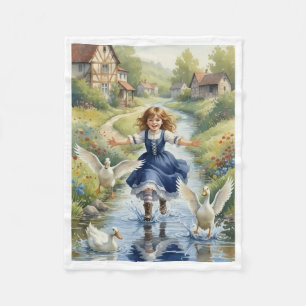 Girl Playing with Ducks in Village Stream Blanket